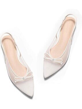 Women's White Slingback Flats Bow Closed Pointed Toe Mesh Ballets Dress Shoes